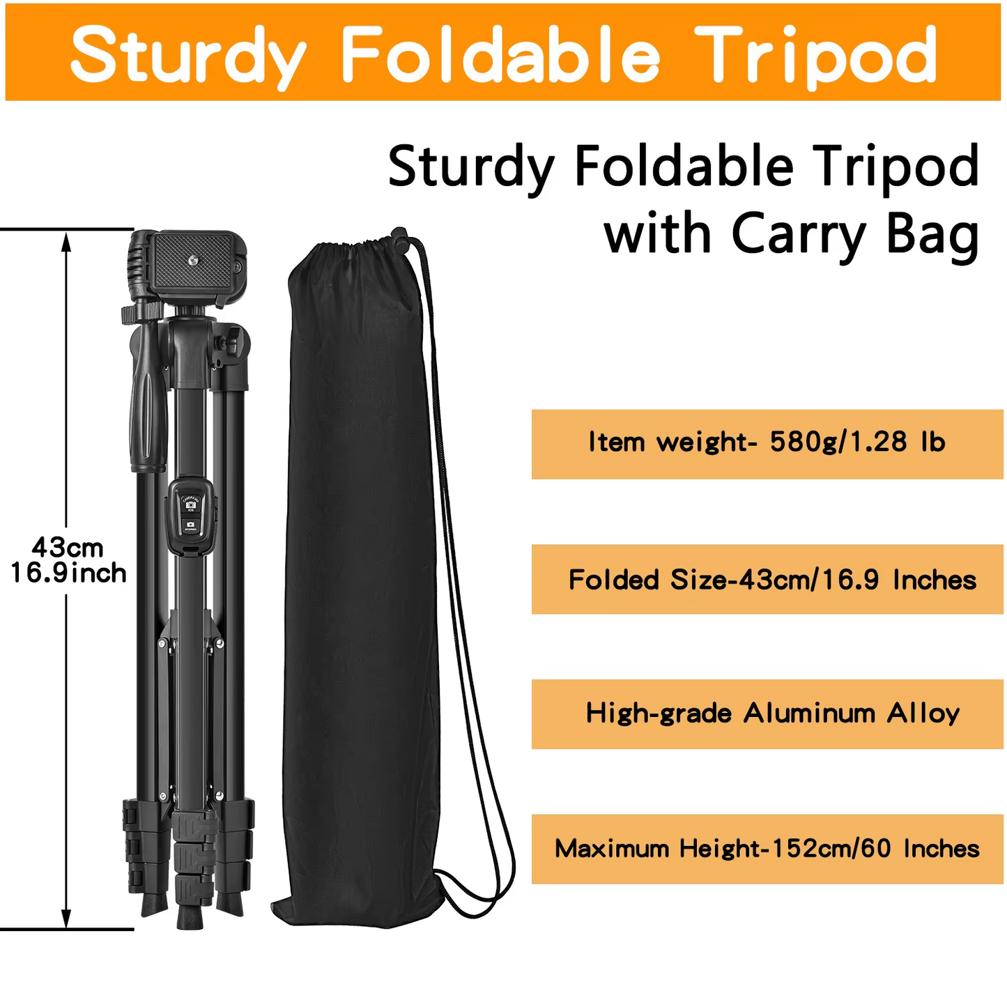 60-inch/152cm camera tripod with travel bag, mobile phone tripod with remote control, professional portable aluminum alloy stand.