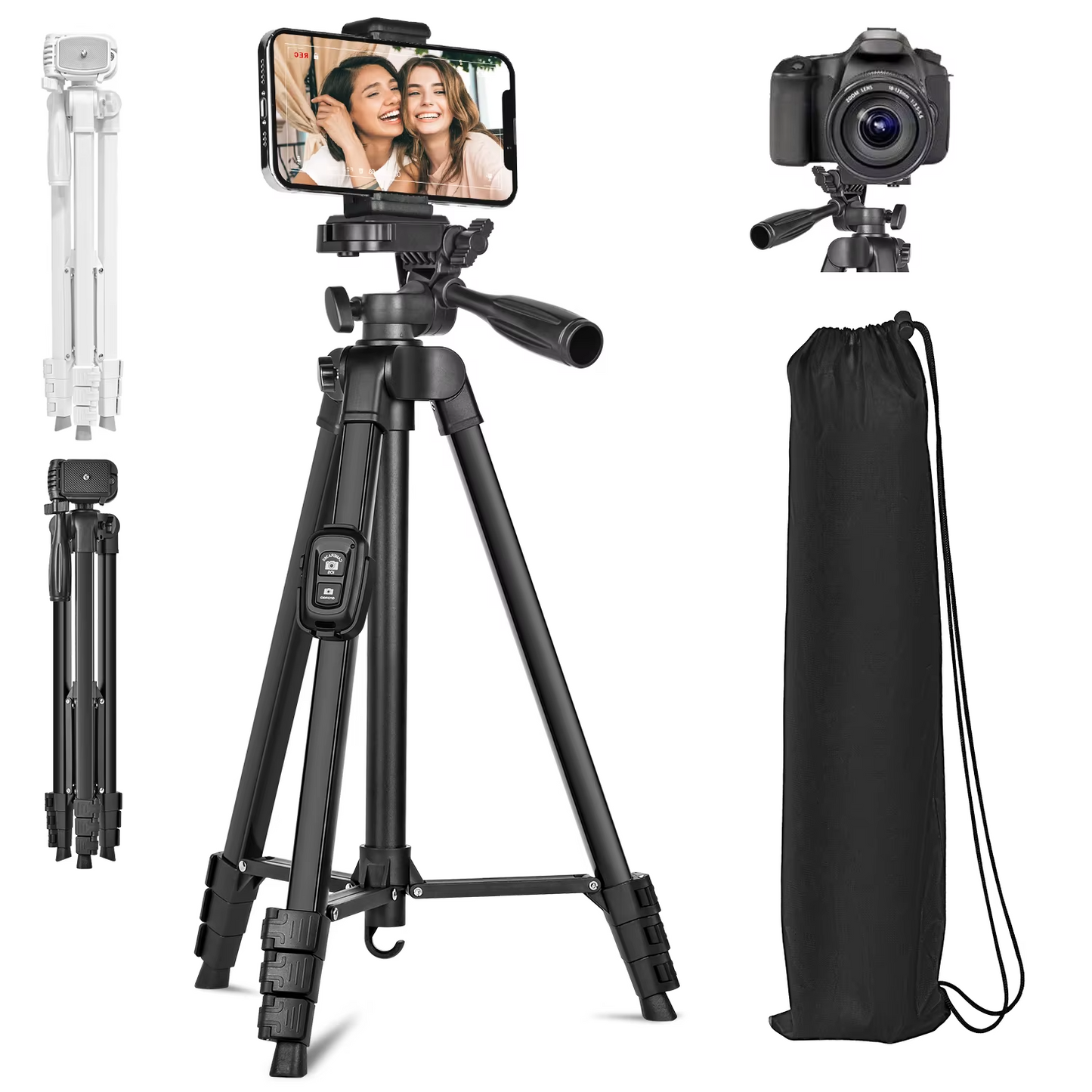 60-inch/152cm camera tripod with travel bag, mobile phone tripod with remote control, professional portable aluminum alloy stand.
