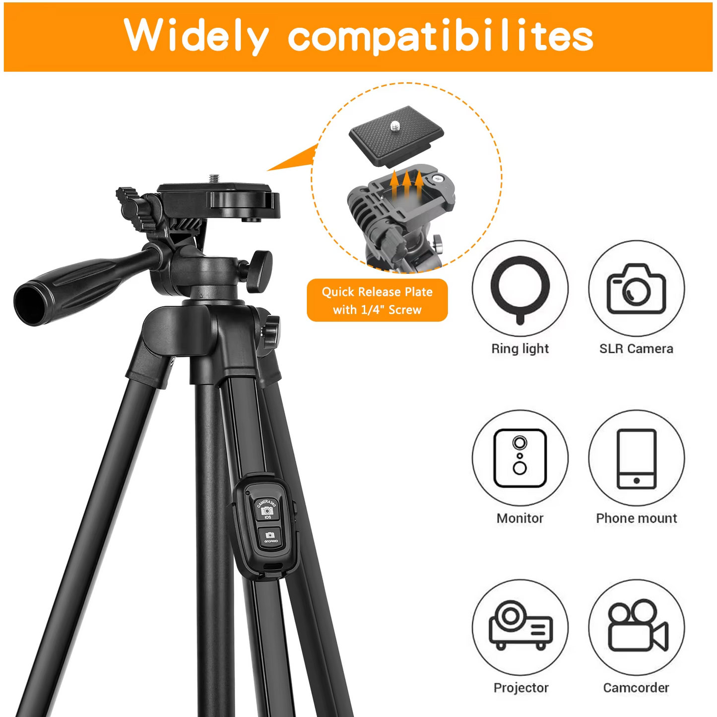 60-inch/152cm camera tripod with travel bag, mobile phone tripod with remote control, professional portable aluminum alloy stand.